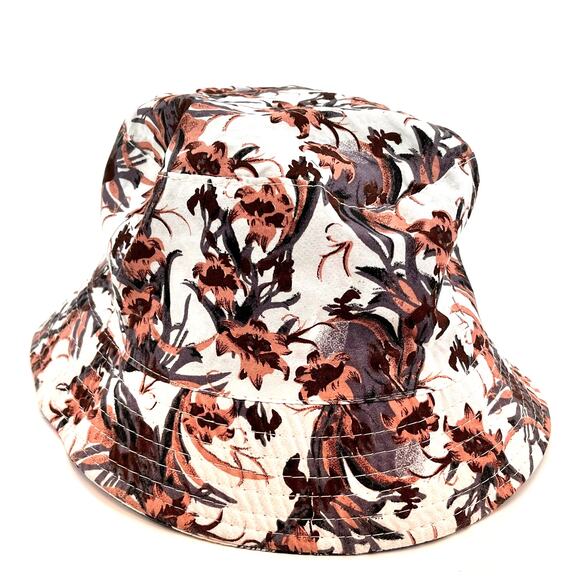 vintage reversible bucket hat Hawaiian palm floral print pink blue tan orange OS - Picture 2 of 5